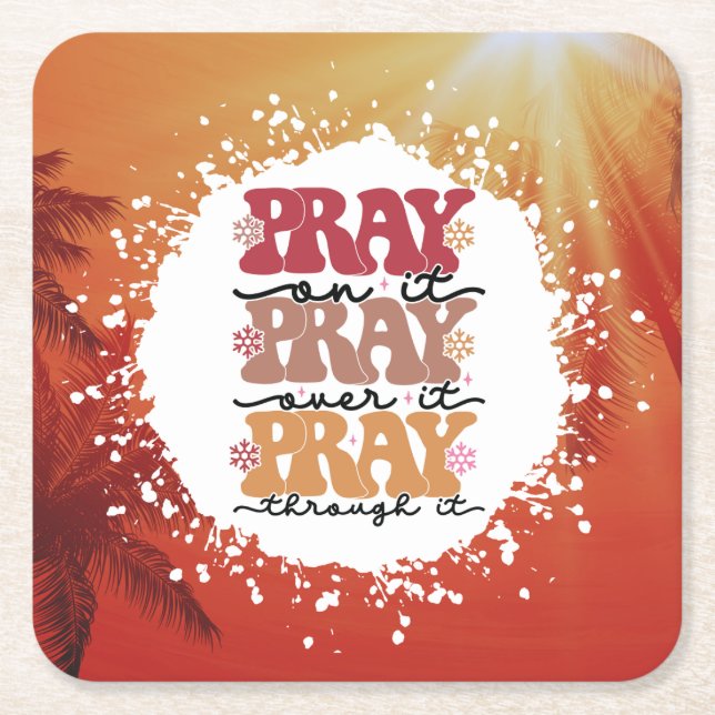 Pray Tropical Sunset Square Paper Coaster (Front)