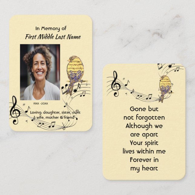 Prayer Card Custom Memorial Keepsake Music Bird (Front/Back)