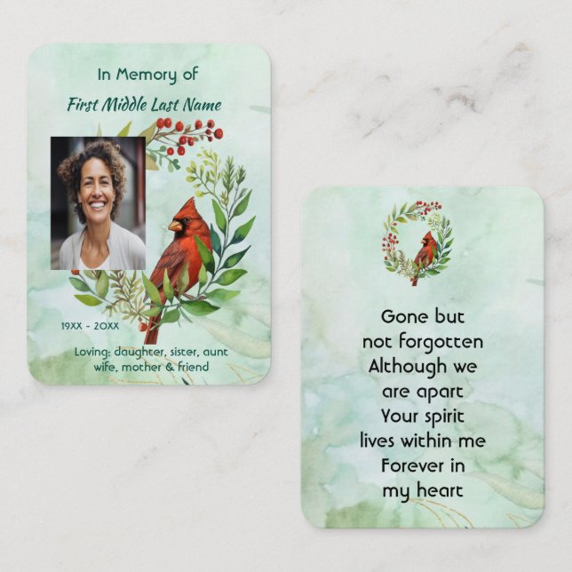 Prayer Card Memorial keepsake Cardinal Bird (Front/Back)