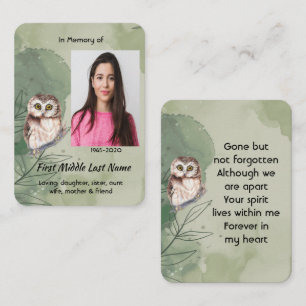 Prayer Card Memorial Keepsake Cute Owl Bird