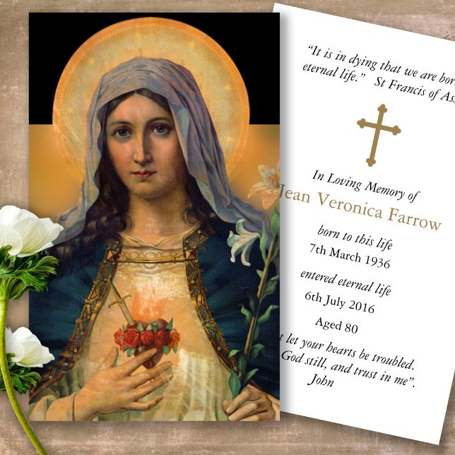 Prayer Cards |  Antique Immaculate Heart Mary (catholic, religious, celebration of life, in loving memory of, prayer cards for bereavement)
