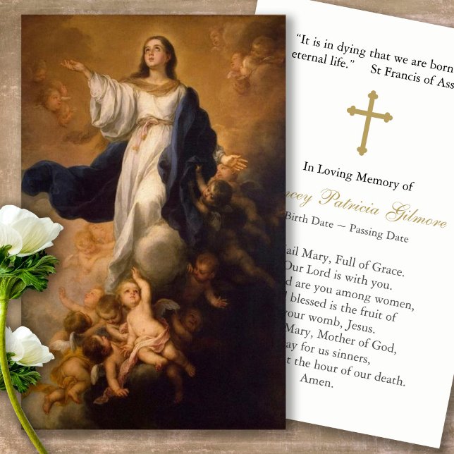 Prayer Cards | Assumption Mary with Cross (catholic, religious, celebration of life, in loving memory of, prayer cards for bereavement)