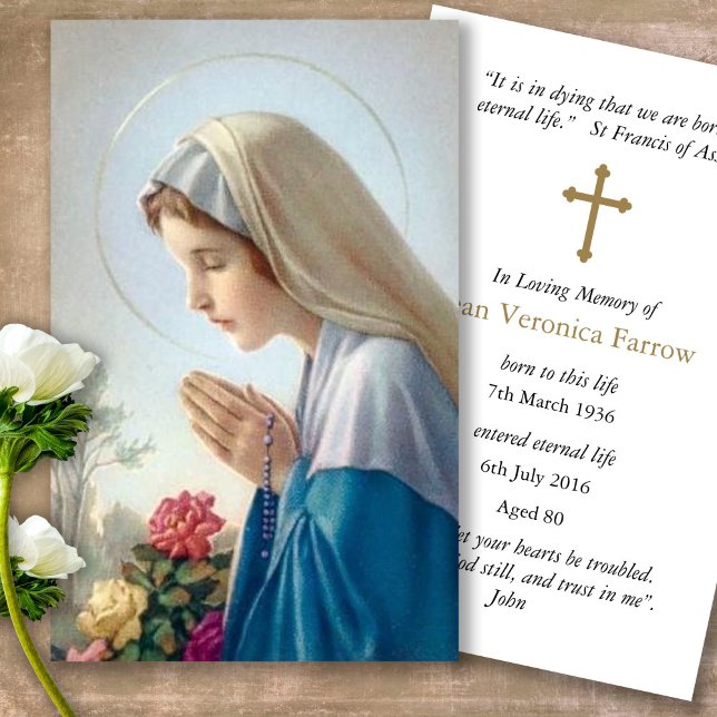 Prayer Cards | Beautiful Virgin Mary (catholic, religious, celebration of life, in loving memory of, prayer cards for bereavement)