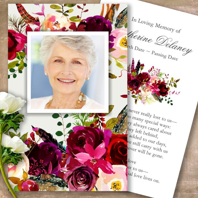 Prayer Cards | Floral Bordo Photo - Deluxe (Forever in our hearts, celebration of life, in loving memory of, prayer cards for bereavement)