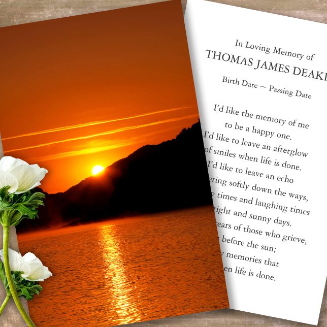 Prayer Cards for Funeral Lake Sunrise (sunset, sunrise, beach, celebration of life, in loving memory of, prayer cards for bereavement)