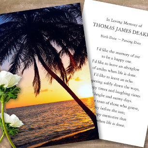 Prayer Cards for Funeral Palm Tree Sunrise