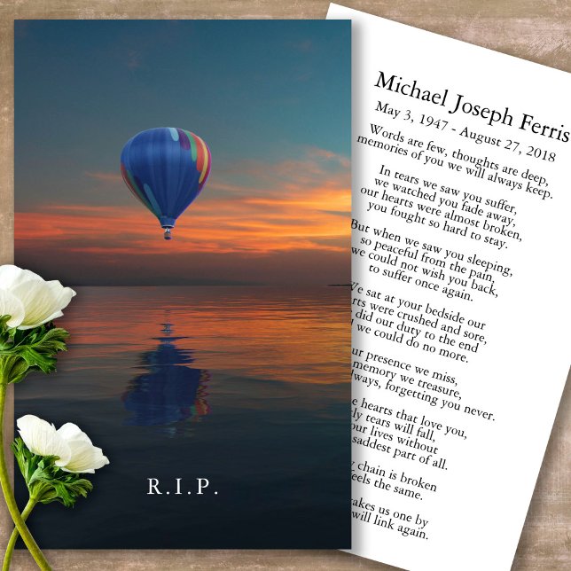 Prayer Cards | Hot Air Balloon - Deluxe (sunset, sunrise, Balloon, celebration of life, in loving memory of, prayer cards for bereavement)