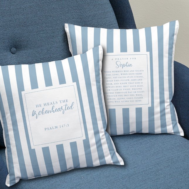 Prayer Faith Gift Psalm 147:3 Keepsake Name Blue  Cushion (Customize with a name to create a meaningful keepsake that reminds them they are never alone.)