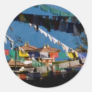 Prayer flags and chortens classic round sticker