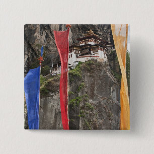 Prayer flags hang near Taktshang 15 Cm Square Badge