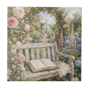 Prayer Garden Bench Chapel Watercolor Ceramic Tile