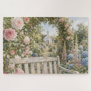 Prayer Garden Bench Chapel Watercolor Jigsaw Puzzle