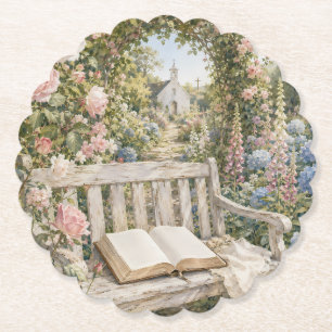 Prayer Garden Bench Chapel Watercolor Paper Coaster