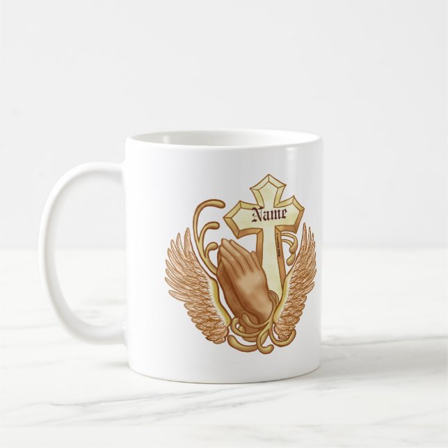 Prayer Hands Christian Cross Coffee Mug (Left)