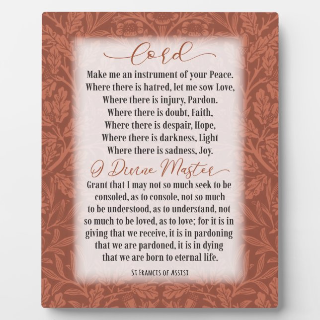 Prayer of Peace - St Francis of Assisi  Plaque (Front)