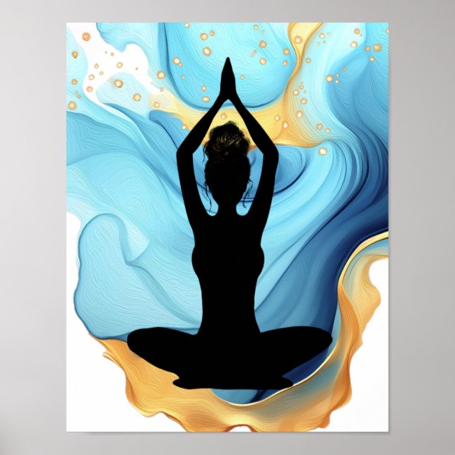 Prayer Pose Yoga woman Blue Gold messy bun blue Poster (Front)
