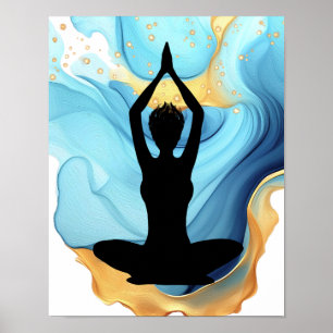 Prayer Pose Yoga woman Blue Gold short hair swirl  Poster