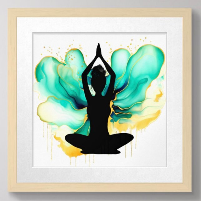 Prayer Pose Yoga woman Green Gold braided hair bun Poster (Creator Uploaded)