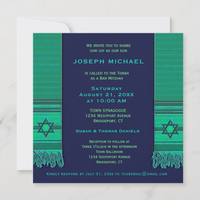 Prayer Shawl Blue and Green Bar Mitzvah Invitation (Front)
