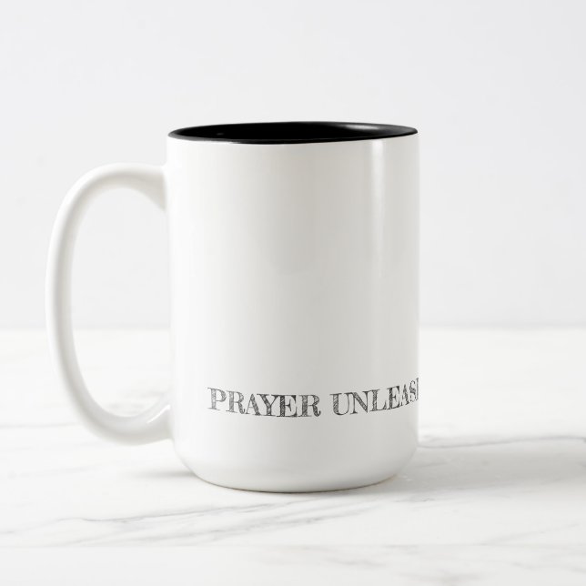 PRAYER UNLEASHES THE WILL OF GOD Modern Typography Two-Tone Coffee Mug (Left)