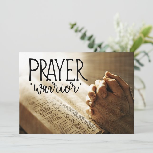 PRAYER WARRIOR Praying Hands on Bible Flat Card (Standing Front)