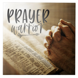 PRAYER WARRIOR Praying Hands on Open Bible Ceramic Tile