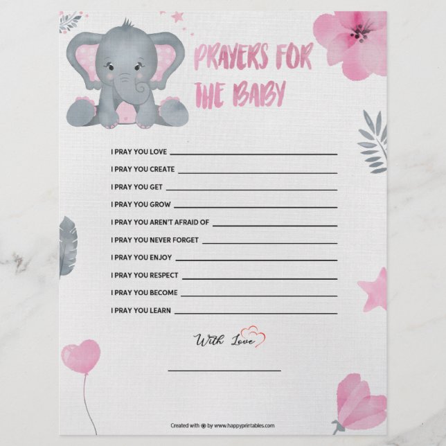 Prayers For The Baby [Baby Elephant [Pink]] Custom Letterhead (Front)