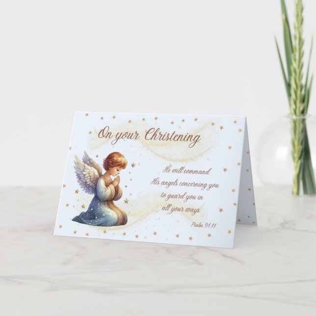 Praying Angel with Psalm 91:11 Christening Card (Front)