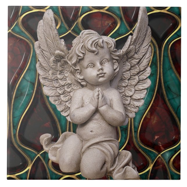 Praying Cherub Angel on Enameled Background Tile (Front)