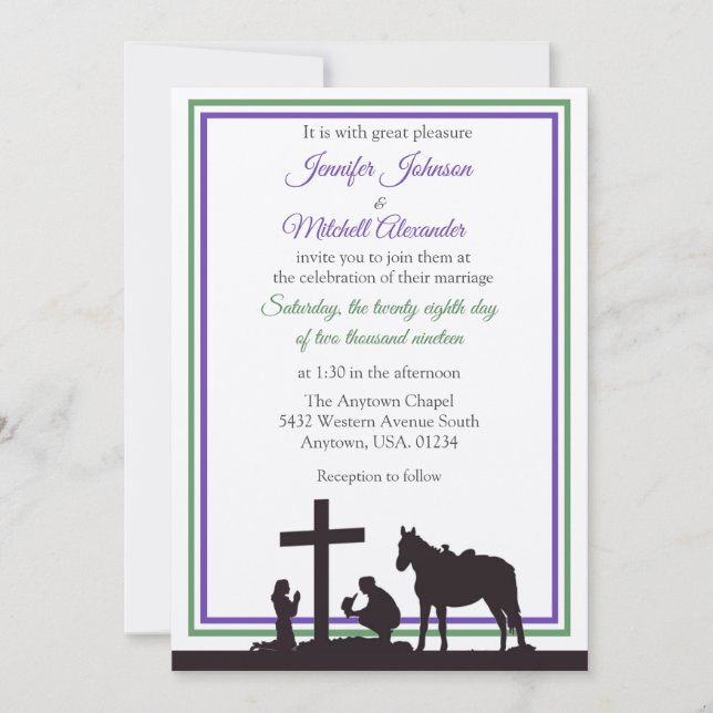 Praying Cowboy and Bride Purple Green Wedding Invitation (Front)