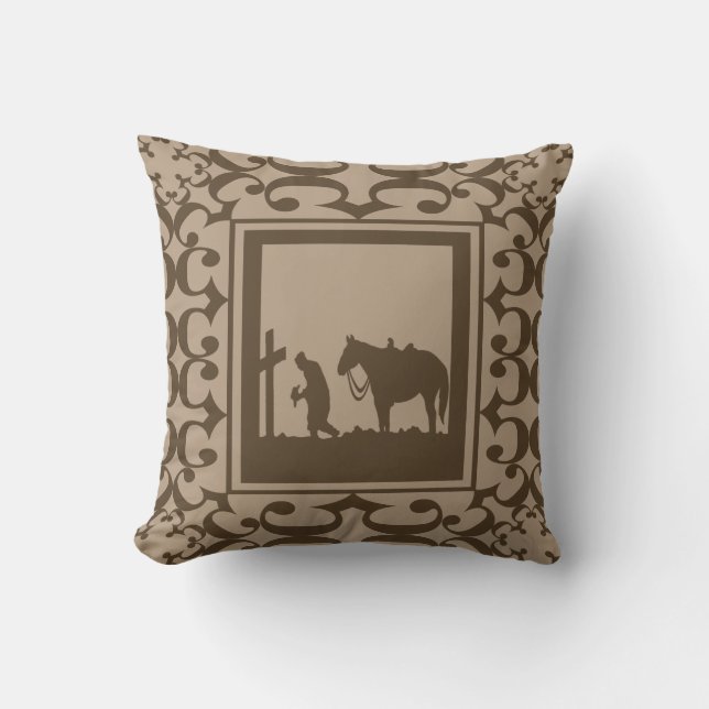 Praying Cowboy With Horse At Cross Western Custom Cushion (Front)