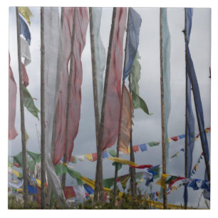 Praying flag poles in mountain, Yotongla Pass Ceramic Tile