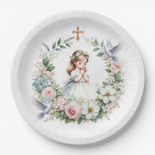 Praying Girl White Doves Floral First Communion Paper Plate