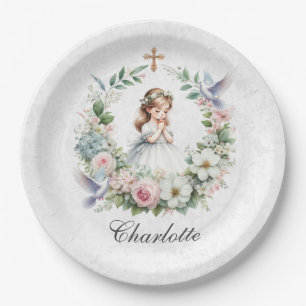 Praying Girl White Doves Floral First Communion Paper Plate