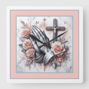 Praying Hands, Crucifix and Roses Square Wall Clock