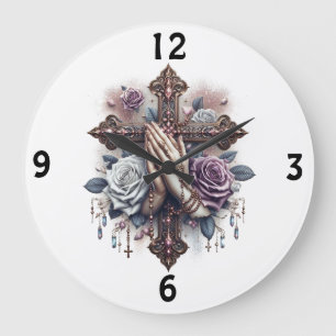 Praying Hands with Rosery, Cross, Roses Large Clock