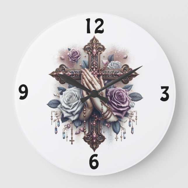 Praying Hands with Rosery, Cross, Roses  Large Clock (Front)