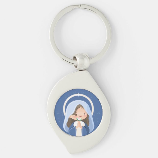 Praying Kawaii Virgin Mary with Flower – Navy Key Ring (Front)