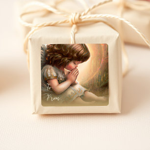 Praying Little Girl Angel Radiant Light Halo Square Sticker