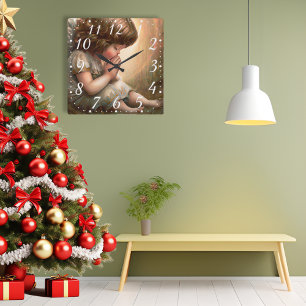 Praying Little Girl Angel Radiant Light Halo Square Wall Clock