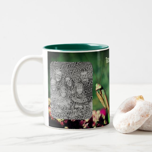 Praying Mantis Frame Create Your Own Photo Two-Tone Coffee Mug (With Donut)