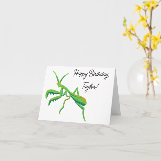 Praying Mantis in Bright Green Personalised Card (Yellow Flower)