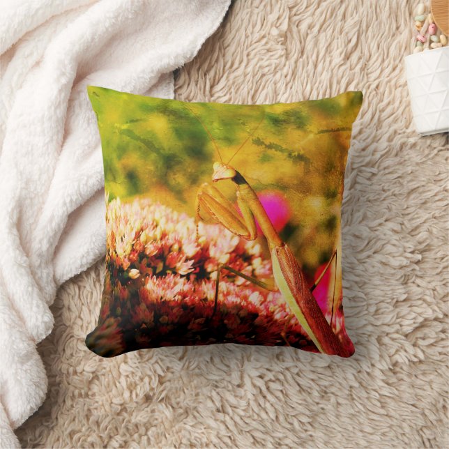 Praying Mantis On Sedum Flower Art  Cushion (Blanket)