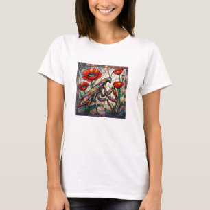Praying Mantis Red Poppy Stained Glass Art Insects T-Shirt