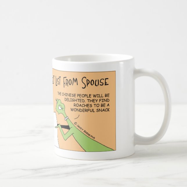 Praying mantis with a bucket list coffee mug (Right)