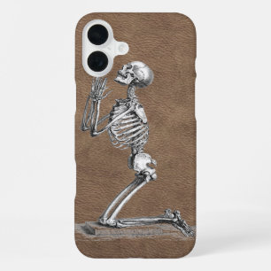 Praying Skeleton Faux-Leather iPhone 16 Plus Case