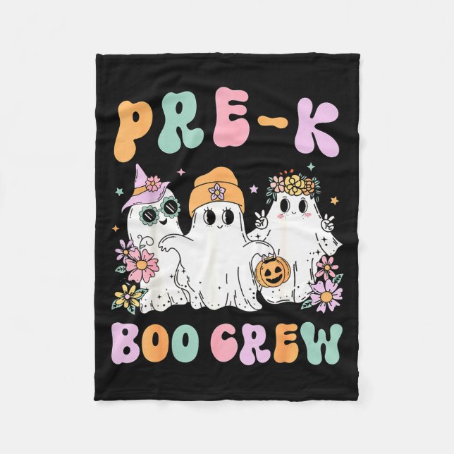 Pre-k Boo Crew Groovy Halloween Floral Ghost Pre K Fleece Blanket (Front)
