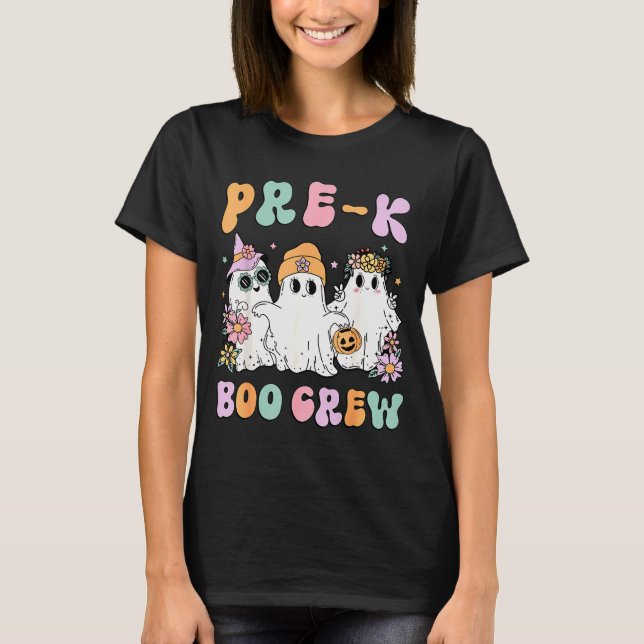 Pre-k Boo Crew Groovy Halloween Floral Ghost Pre K T-Shirt (Front)