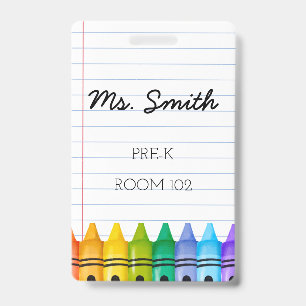 Pre-K Daycare Teacher Badge with Primary Crayons ID Badge