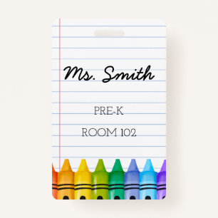 Pre-K Daycare Teacher Badge with Primary Crayons ID Badge